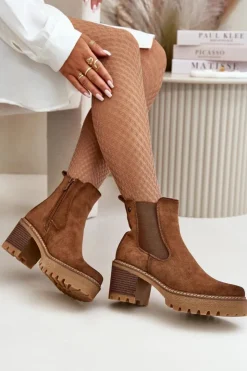 Damskie Boto Botki Damskie Ocieplane Na Słupku Eko Zamszowe Brązowe Irissinae