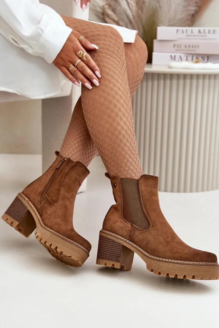 Damskie Boto Botki Damskie Ocieplane Na Słupku Eko Zamszowe Brązowe Irissinae