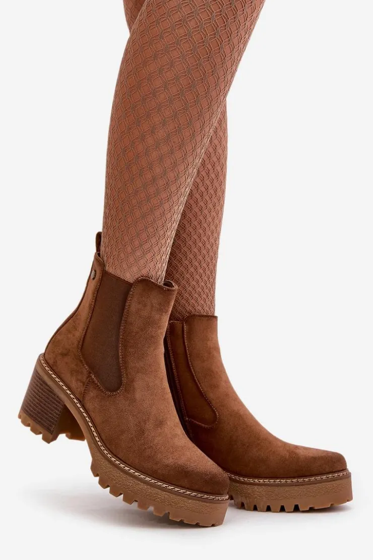 Damskie Boto Botki Damskie Ocieplane Na Słupku Eko Zamszowe Brązowe Irissinae