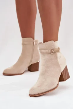 Boto Botki Ocieplane|Botki Na Słupku*Botki Damskie Ocieplane Na Słupku Z Ozdobnym Paskiem Beżowe Galissa Beżowy