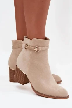 Boto Botki Ocieplane|Botki Na Słupku*Botki Damskie Ocieplane Na Słupku Z Ozdobnym Paskiem Beżowe Galissa Beżowy