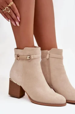 Boto Botki Ocieplane|Botki Na Słupku*Botki Damskie Ocieplane Na Słupku Z Ozdobnym Paskiem Beżowe Galissa Beżowy