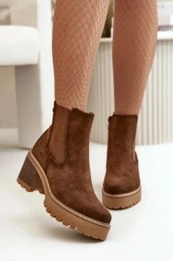 Damskie Boto Botki Damskie Ocieplane Na Słupku Eko Zamszowe Brązowe Irissinae