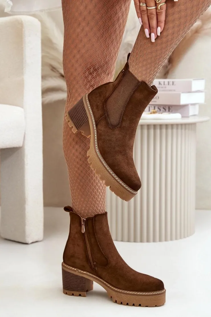 Damskie Boto Botki Damskie Ocieplane Na Słupku Eko Zamszowe Brązowe Irissinae