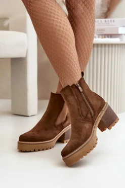 Damskie Boto Botki Damskie Ocieplane Na Słupku Eko Zamszowe Brązowe Irissinae