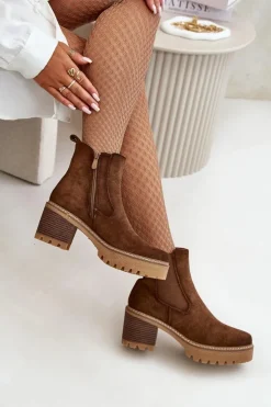 Damskie Boto Botki Damskie Ocieplane Na Słupku Eko Zamszowe Brązowe Irissinae