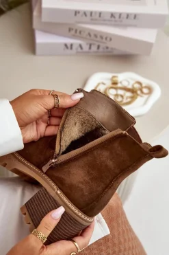 Damskie Boto Botki Damskie Ocieplane Na Słupku Eko Zamszowe Brązowe Irissinae