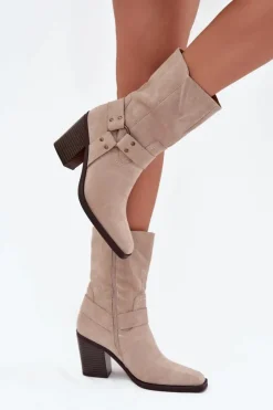 Discount Boto Botki Damskie Ocieplane Na Słupku Z Paskami I Ozdobnym Detalem Beżowe Neria Beżowy