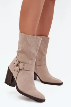 Discount Boto Botki Damskie Ocieplane Na Słupku Z Paskami I Ozdobnym Detalem Beżowe Neria Beżowy