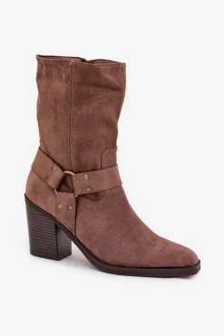 Boto Botki Ocieplane|Botki Na Słupku*Botki Damskie Ocieplane Na Słupku Z Paskami I Ozdobnym Detalem Brązowe Neria Brązowy