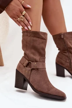 Boto Botki Ocieplane|Botki Na Słupku*Botki Damskie Ocieplane Na Słupku Z Paskami I Ozdobnym Detalem Brązowe Neria Brązowy