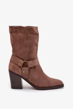 Boto Botki Ocieplane|Botki Na Słupku*Botki Damskie Ocieplane Na Słupku Z Paskami I Ozdobnym Detalem Brązowe Neria Brązowy