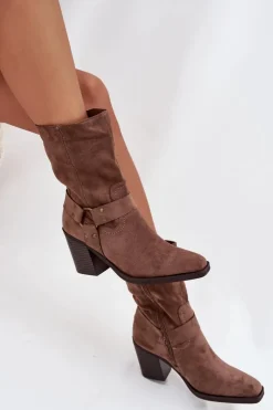 Boto Botki Ocieplane|Botki Na Słupku*Botki Damskie Ocieplane Na Słupku Z Paskami I Ozdobnym Detalem Brązowe Neria Brązowy