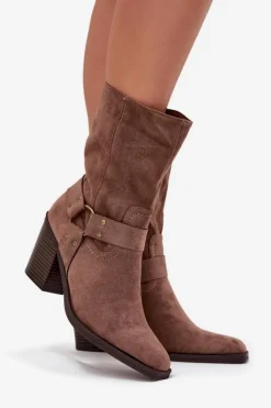 Boto Botki Ocieplane|Botki Na Słupku*Botki Damskie Ocieplane Na Słupku Z Paskami I Ozdobnym Detalem Brązowe Neria Brązowy