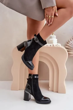 Damskie Damskie buty S.Barski Botki Damskie Ocieplane Na Obcasie Słupku Z Ozdobną Klamrą D&A MR880-085 Czarne