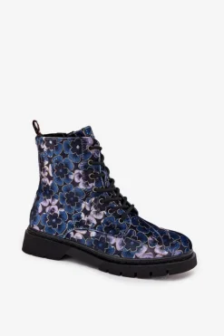 Artiker Botki Ocieplane|Damskie Trapery*Botki Damskie Ocieplane W Kwiaty 57C1052 Granatowe Niebieski