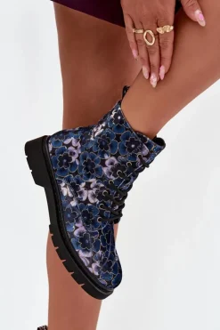 Artiker Botki Ocieplane|Damskie Trapery*Botki Damskie Ocieplane W Kwiaty 57C1052 Granatowe Niebieski