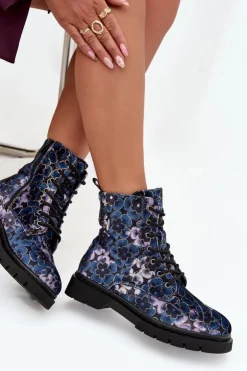 Artiker Botki Ocieplane|Damskie Trapery*Botki Damskie Ocieplane W Kwiaty 57C1052 Granatowe Niebieski