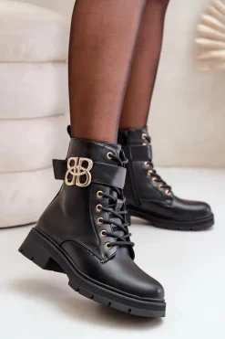 Best Boto Botki Damskie Ocieplane Ze Złotą Ozdobą Czarne Nealithra