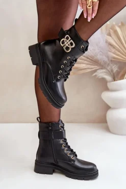 Best Boto Botki Damskie Ocieplane Ze Złotą Ozdobą Czarne Nealithra