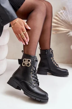 Best Boto Botki Damskie Ocieplane Ze Złotą Ozdobą Czarne Nealithra