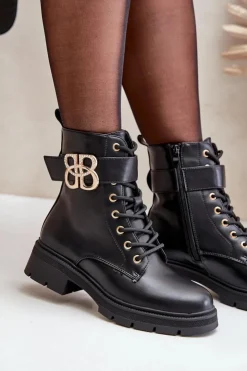 Best Boto Botki Damskie Ocieplane Ze Złotą Ozdobą Czarne Nealithra