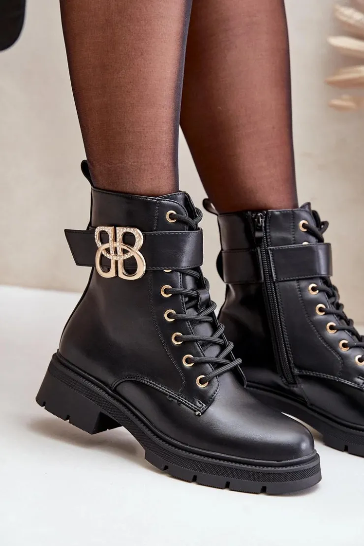 Best Boto Botki Damskie Ocieplane Ze Złotą Ozdobą Czarne Nealithra