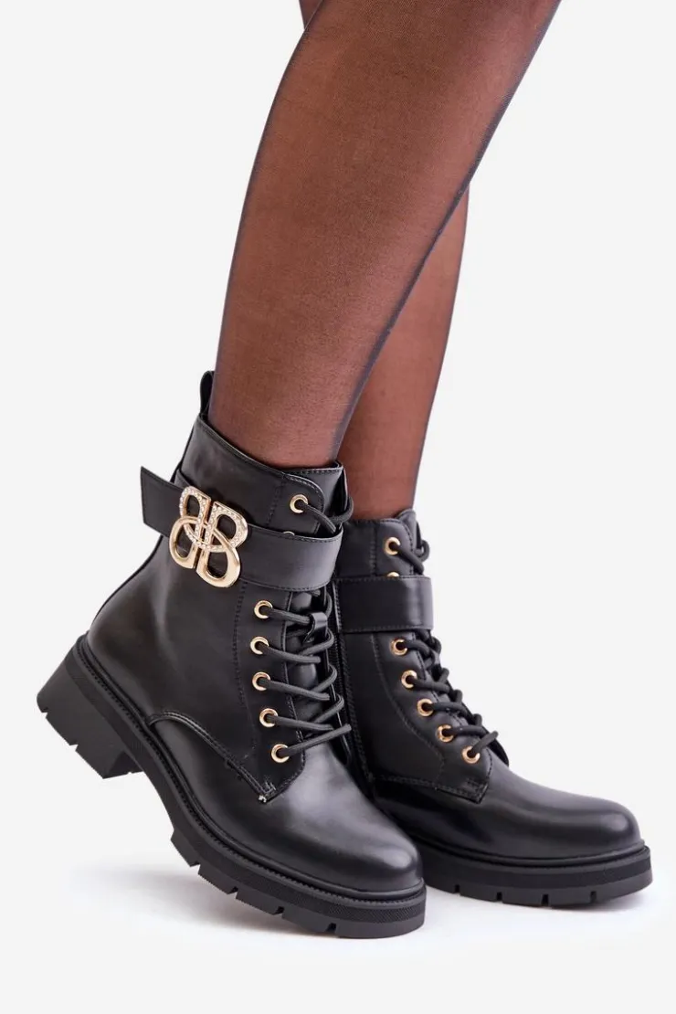 Best Boto Botki Damskie Ocieplane Ze Złotą Ozdobą Czarne Nealithra