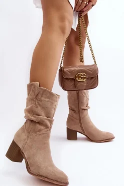 Damskie Evento Botki Damskie Ocieplane Z Marszczoną Cholewką Na Słupku Beżowe Shavy