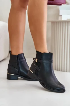 Damskie Boto Botki Damskie Ocieplane Z Ozdobnymi Paskami Czarne Kikirra