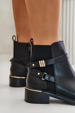 Damskie Boto Botki Damskie Ocieplane Z Ozdobnymi Paskami Czarne Kikirra