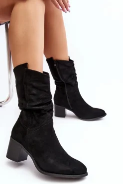 Evento Brązowe I Beżowe Botki|Botki Na Obcasie*Botki Damskie Ocieplane Z Marszczoną Cholewką Na Słupku Czarne Shavy