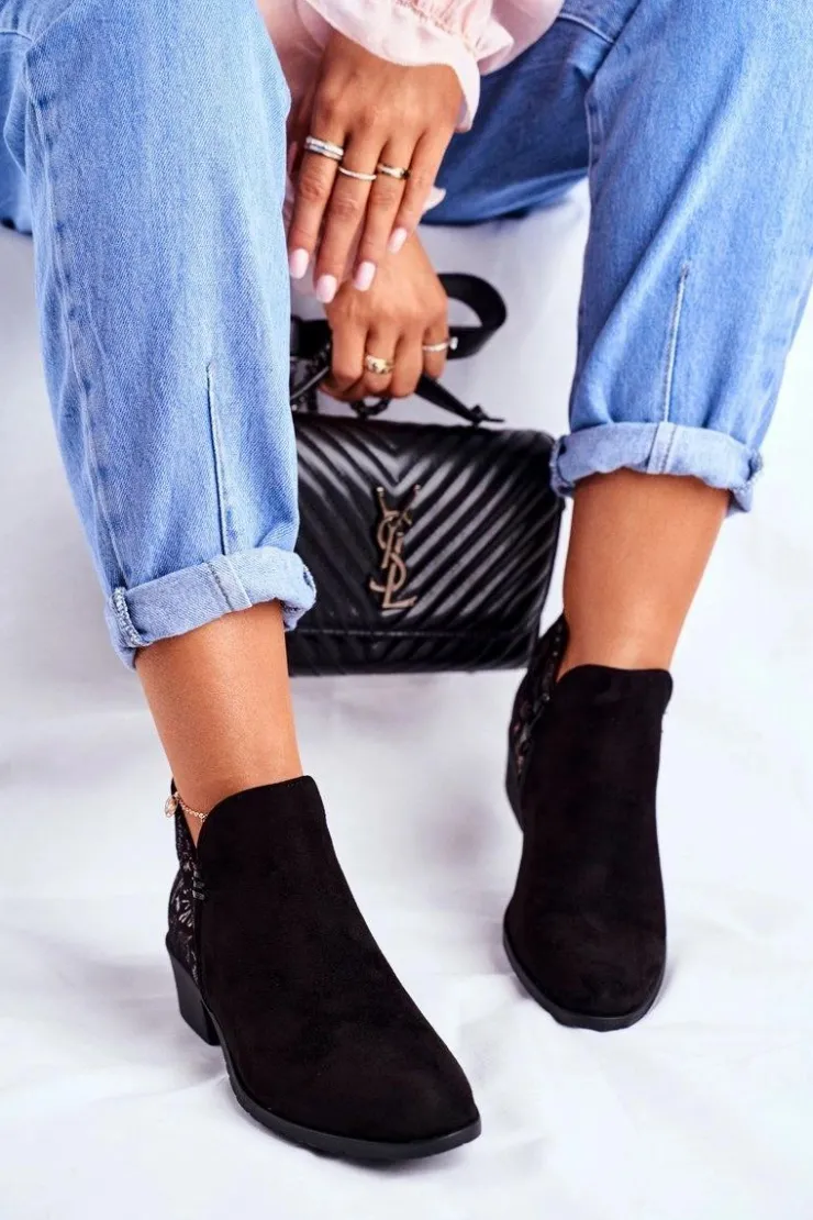 Damskie Boto Botki Damskie Płaski Obcas Wiosenne Czarne Elizabeth