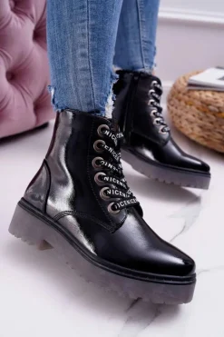 Buty Sergio Leone Botki Sznurowane|Botki Zimowe Damskie*Botki Damskie Płaski Obcas Glany Lakierowane Czarne Sergio Leone TR726