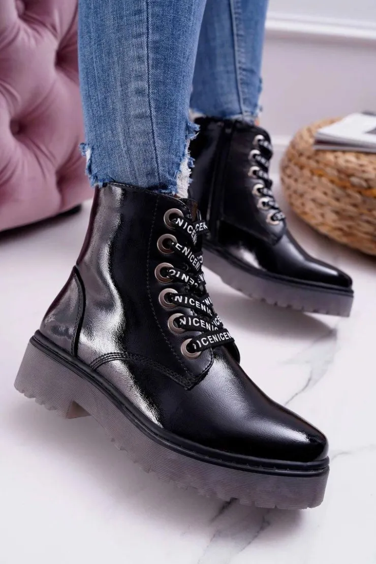 Buty Sergio Leone Botki Sznurowane|Botki Zimowe Damskie*Botki Damskie Płaski Obcas Glany Lakierowane Czarne Sergio Leone TR726