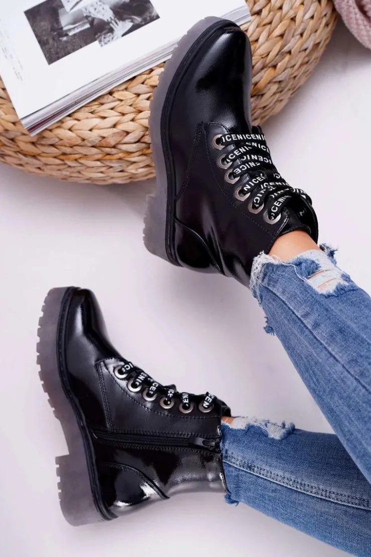 Buty Sergio Leone Botki Sznurowane|Botki Zimowe Damskie*Botki Damskie Płaski Obcas Glany Lakierowane Czarne Sergio Leone TR726