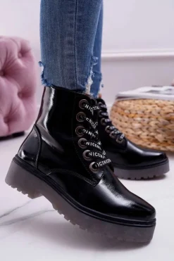 Buty Sergio Leone Botki Sznurowane|Botki Zimowe Damskie*Botki Damskie Płaski Obcas Glany Lakierowane Czarne Sergio Leone TR726