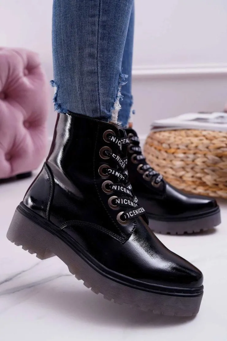 Buty Sergio Leone Botki Sznurowane|Botki Zimowe Damskie*Botki Damskie Płaski Obcas Glany Lakierowane Czarne Sergio Leone TR726