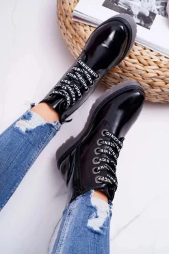 Buty Sergio Leone Botki Sznurowane|Botki Zimowe Damskie*Botki Damskie Płaski Obcas Glany Lakierowane Czarne Sergio Leone TR726