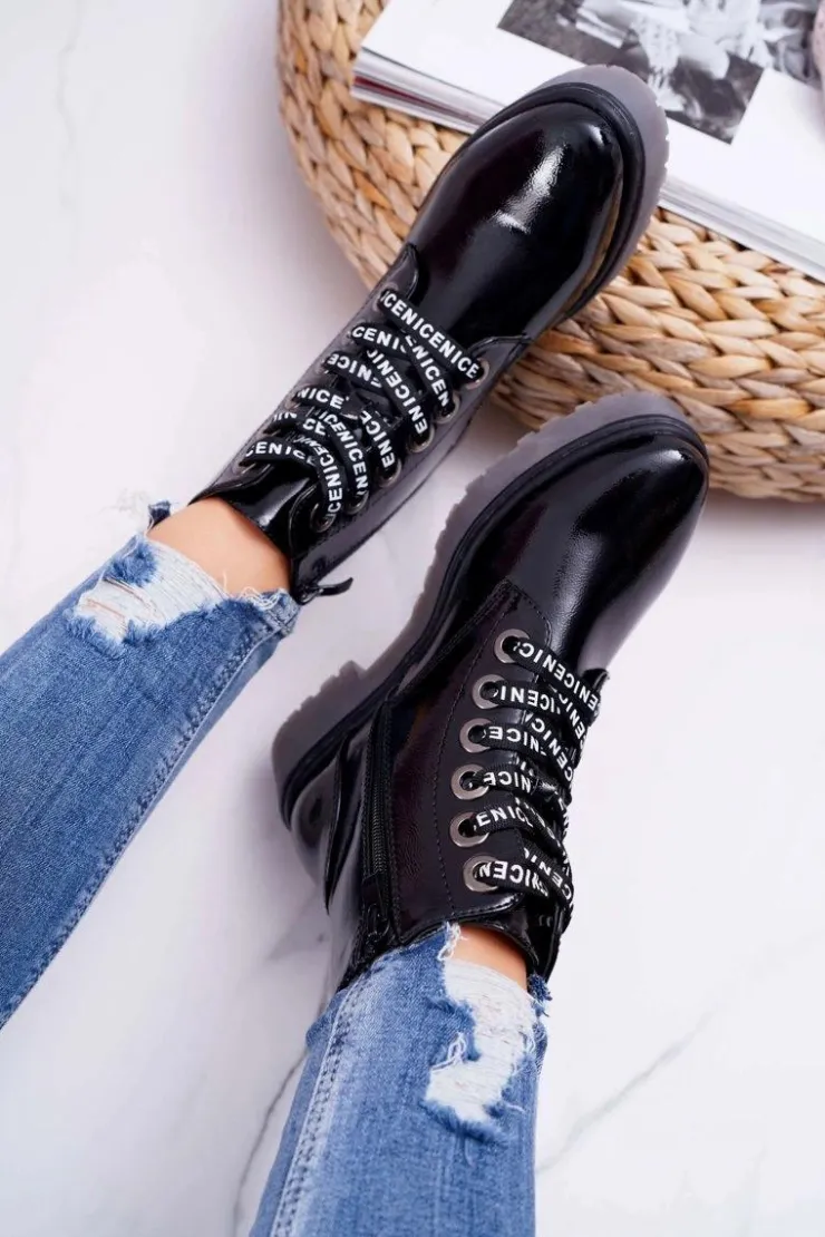 Buty Sergio Leone Botki Sznurowane|Botki Zimowe Damskie*Botki Damskie Płaski Obcas Glany Lakierowane Czarne Sergio Leone TR726