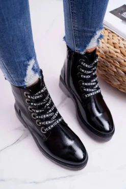 Buty Sergio Leone Botki Sznurowane|Botki Zimowe Damskie*Botki Damskie Płaski Obcas Glany Lakierowane Czarne Sergio Leone TR726