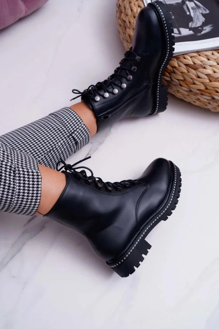 Boto Botki Damskie Płaski Obcas Wysokie Glany Czarne Buena