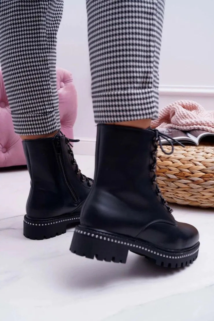 Boto Botki Damskie Płaski Obcas Wysokie Glany Czarne Buena