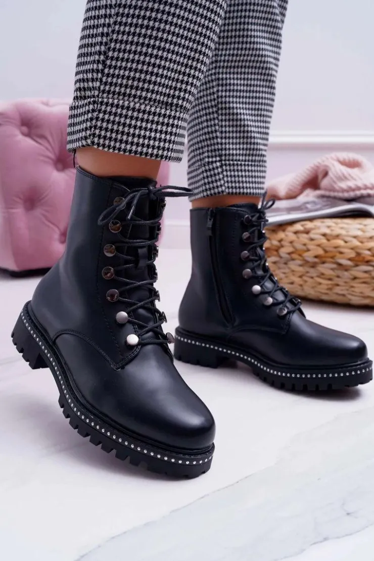 Boto Botki Damskie Płaski Obcas Wysokie Glany Czarne Buena