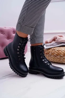 Boto Botki Damskie Płaski Obcas Wysokie Glany Czarne Buena