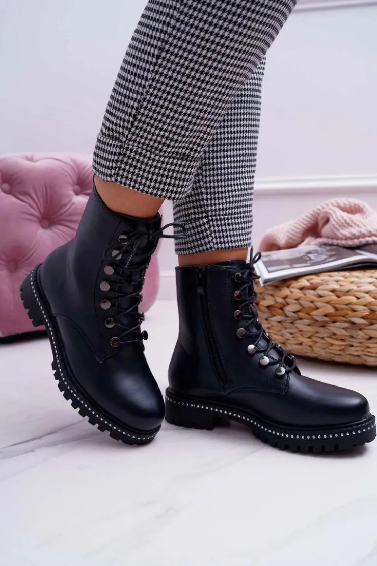 Boto Botki Damskie Płaski Obcas Wysokie Glany Czarne Buena