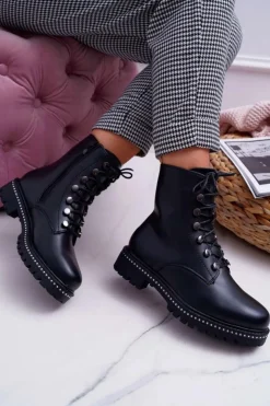 Boto Botki Damskie Płaski Obcas Wysokie Glany Czarne Buena