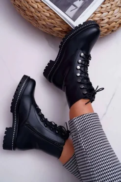 Boto Botki Damskie Płaski Obcas Wysokie Glany Czarne Buena