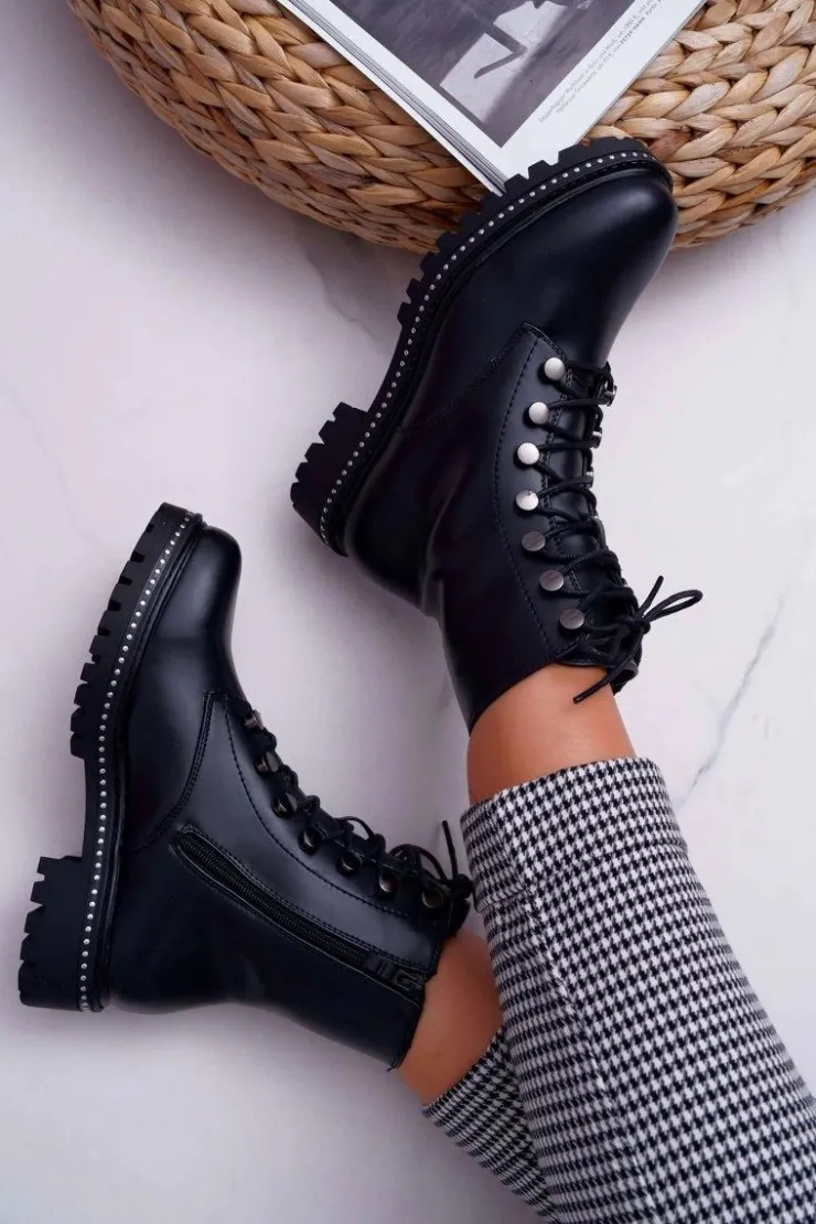 Boto Botki Damskie Płaski Obcas Wysokie Glany Czarne Buena