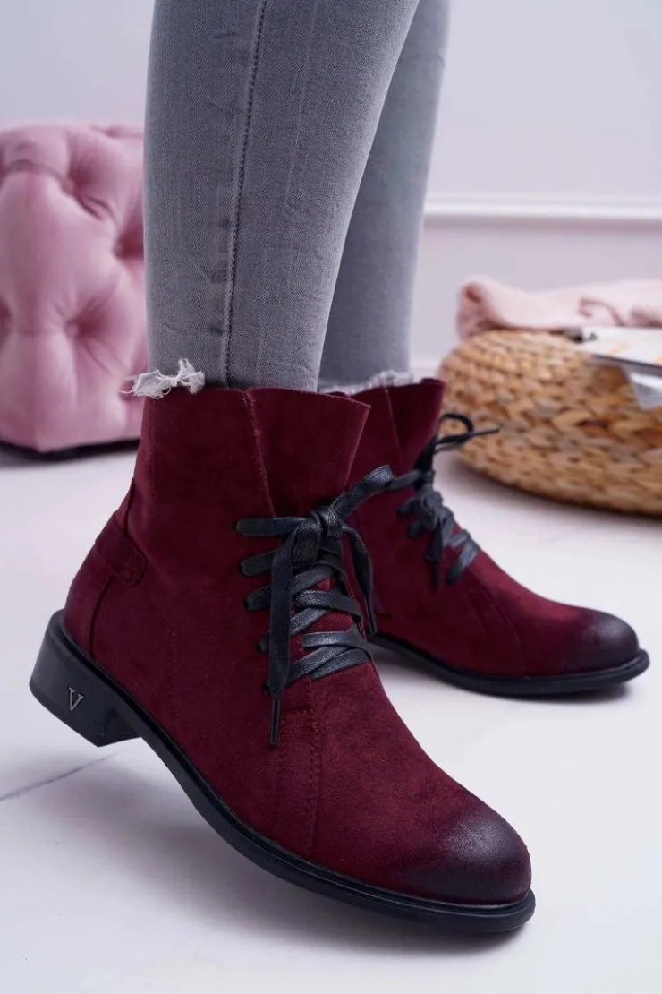 Buty damskie Vinceza Botki Sznurowane|Botki Zimowe Damskie*Botki Damskie Płaski Obcas Workery Bordowe Teref